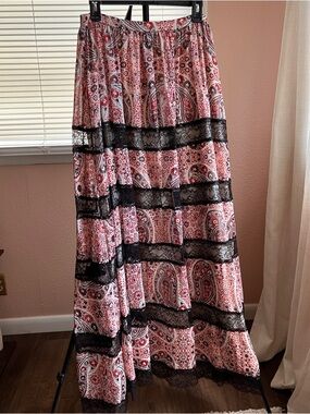 Alice + Olivia Pink Paisley Maxi Skirt with Black Lace Panels